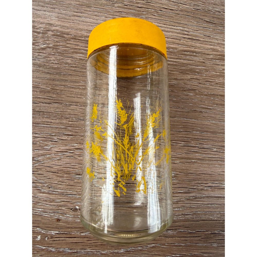 Vintage Clear Glass Shaker Jar Yellow Wheat Pattern Plastic Lid Farmhouse Retro